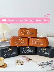 Customized Embroidered Pearl Makeup Bag, Personalized Name Makeup Bag - Customized Letter Combination Makeup Bag - Leather Toiletry Bag - Bridesmaid Bag By Birth Month - Bridal Party Gift - Bridesmaid Gift, Bridesmaid Favor, Customized Makeup Bag - Beaded - View 3