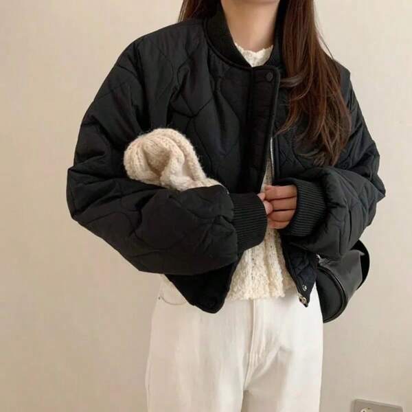 Women's Solid Color Zip-Up Collar Casual Baseball Jacket, Winter Coat