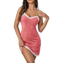 Sexy Lace Strap Babydoll Chemise Nightgown V Neck Full Slip Nightdress, 2025 Fashion Style - 紅色 - 查看 4