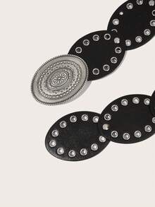 1条西部牛仔风波西米亚女士腰带，西部风配饰，波西米亚风女士时尚配饰，复古黑色金属铆钉椭圆形腰带，连衣裙配饰，适合派对、海滩、音乐节等场合，提供加大码 - 黑色 - 查看 5