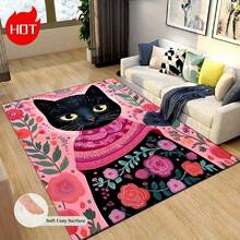 A Large Modern Minimalist-Style Rug Featuring A Pink Black Cat Pattern, Designed With Personalized Black Cat Motifs In A Contemporary And Simple Aesthetic; Retro-Inspired Style That Perfectly Complements Various Home Decor. Crafted From High-Density Materials With Anti-Slip Particles On The Underside For Enhanced Friction. Kitchen Rug
