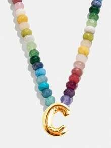 1pc Bohemian Style Colorful Natural Stone Beaded 26 Letter Copper Pendant Necklace, Suitable For Daily, Vacation, Travel, Casual Wear, Fashion Jewelry Gift For Family And Friends