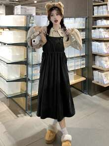 Váy yếm rộng midi trơn màu mùa hè 2025, không bao gồm áo sơ mi - màu đen - Xem 6