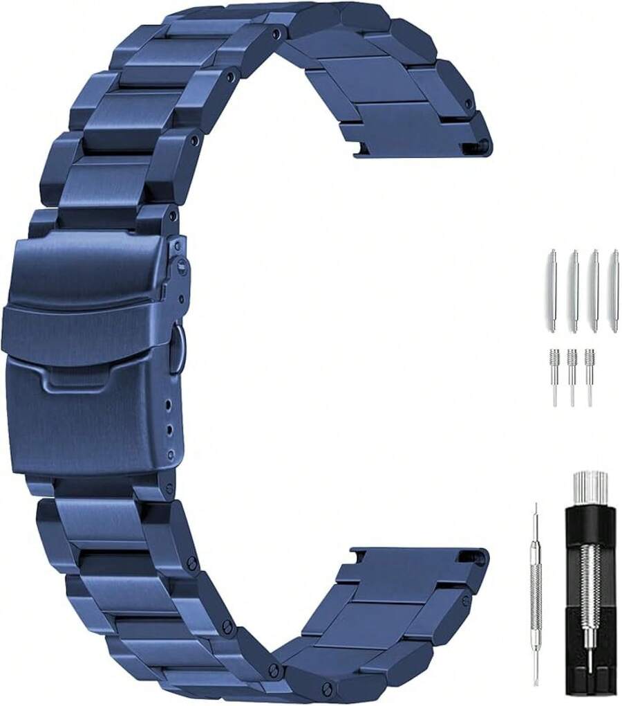 Correa de reloj clásica de acero inoxidable de 18mm 20mm 22mm 24mm, correa de reloj de metal cepillado en plata y negro para mujeres y hombres, correa de reemplazo de reloj con doble hebilla - Azul - Ver 1