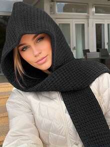 1pc Women Fashion Solid Color Women Scarf, Black/Beige/Khaki/Brown Cable Knit Hooded Scarf Shawl, Suitable For Dating, Outings, Daily Use