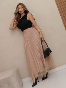 MIA MIA MODAS Elegant Long Tulle Skirt With Pleated Lining And Rhinestones All Over The Lining, Elastic At The Waist Of The Skirt. - Beis - Ver 2