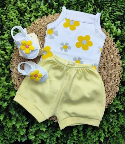 Conjunto Sandália Com Body Alcinha Flor E Short Bebe Menina  Roupa Verão 100% Suedine