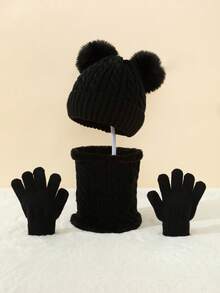 3pcs/Set Toddler/Infant Knitted Hat + Scarf + Gloves Set, Thick Cable Knit Pom Pom Hat, Scarf, Gloves, Warm Winter Knitted Clothing Outfit, Fashionable High-Quality Stylish Comfortable Soft Durable Practical Gift Set