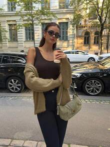 FOR BEAUTY 秋冬新款纯色休闲宽松长袖针织衫，时尚优雅，简约大码开衫，柔软保暖，适合日常通勤，新年毛衣外套 - 中卡其 - 查看 3