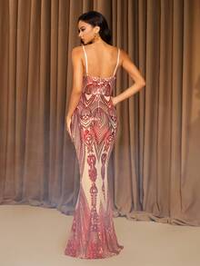 LOVE&LEMONADE Red V-Neck Sequin Embellished Evening Gown (Random Floral Pattern On Back, Not Matched) - Red - View 7