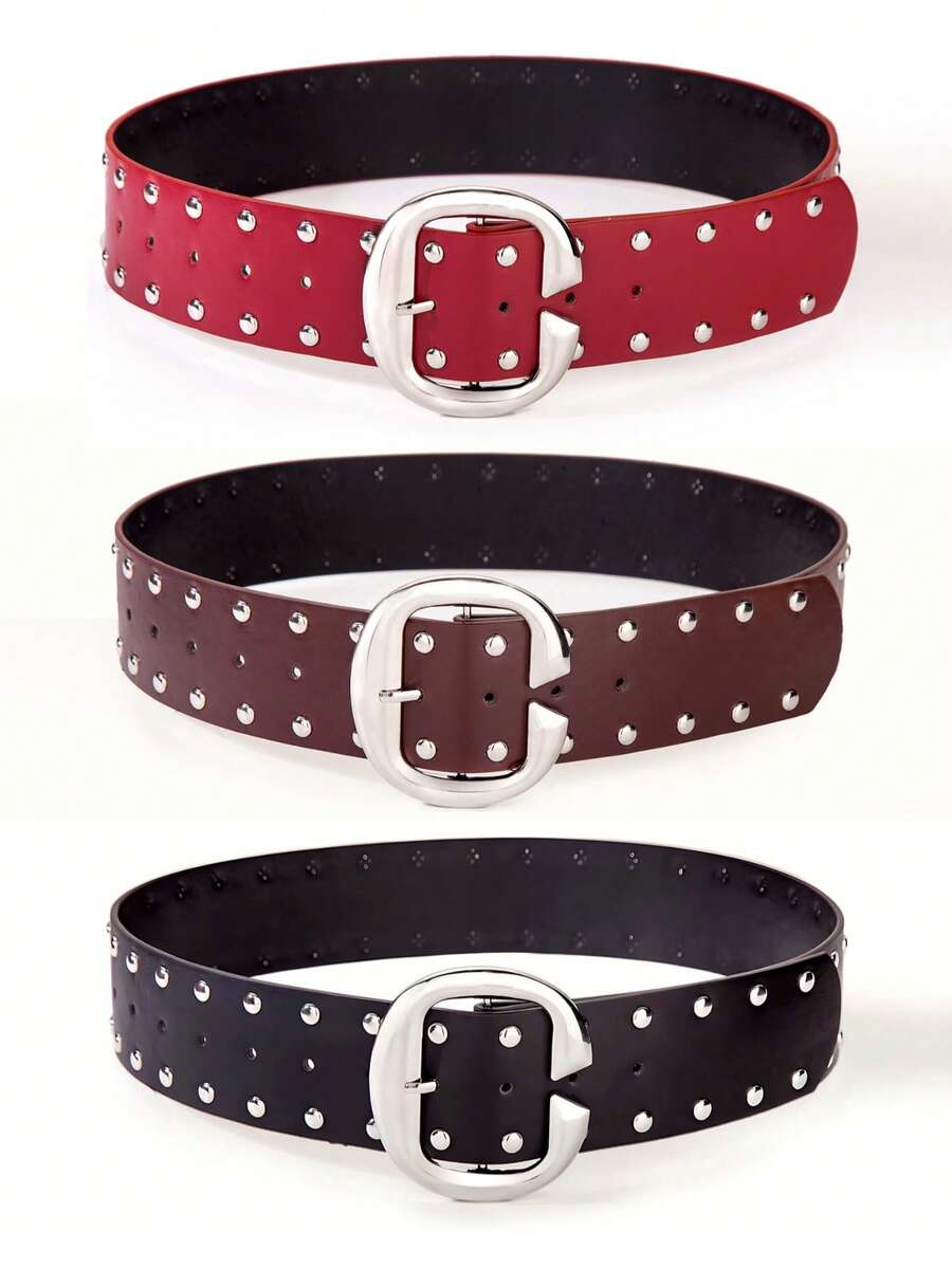 1pc Women's Wide Waist Belt, Rivet Punk Style Solid Color PU Leather, Oval Metal Buckle, Plus Size