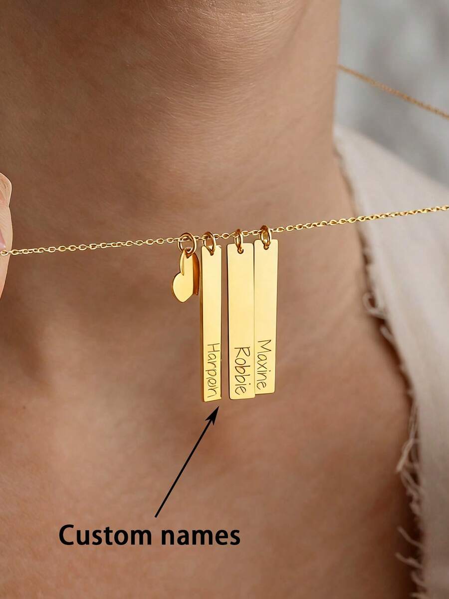 1pc Customizable Heart Bar Necklace, Stainless Steel Jewelry, Custom Necklace, Heart Necklace, Men's/Women's Necklace, Name Necklace, Gold Necklace And Silver Necklace, Customizable Items, Personal Decorations, Name Plate Necklace, Simple And Fashionable Decorations, Suitable For Halloween, Christmas, Birthday Gifts, Anniversary Gifts For Yourself And Family, Personalized Gifts For Friends