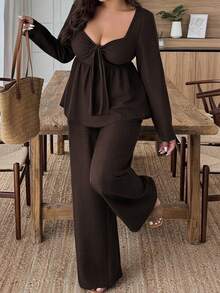 Plus Size Women's 2 Pieces Set, Tie-Up Design, Fitted Silhouette, Long Sleeve Square Neck Top, Woven Fabric, Solid Color Long Pants, Women's Solid Color 2 Pieces Set, Casual Daily Style, Relaxed Homewear Vibe, Elegant - Mocha Brown - View 4