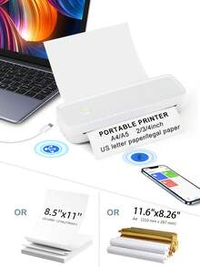 A4 便携式热敏打印机 - 无线蓝牙便携式打印机，适用于手机/笔记本电脑的无墨迷你移动打印机，支持 8.5 英寸 x 11 英寸美国信纸/A4/4.33 英寸 / 3.14 英寸 / 2.08 英寸热敏纸，非常适合旅行/家庭 - 彩色 - 查看 3