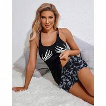 Women's Cami Pajama Set Sleeveless Racerback Tank Top Soft Sleepwear For 2025 - Halloween Skeleton Print - View 5