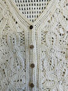 Women's Crochet Top With Buttons – Imported Cotton, One Size, Summer, Party, Social - Beige - View 4