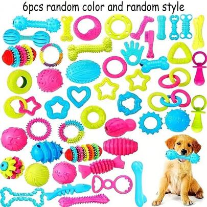 6个随机款式和颜色的TPR材质咀嚼玩具，适合中小型犬，清洁牙齿，缓解无聊，促进感情和运动。