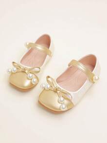 1 Pair Elegant Colorblock Cute Bow & Pearl Decor Girls/Kids Flat Shoes, Soft & Comfortable, Suitable For Spring, Summer, Autumn - Gold - View 1