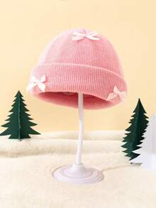 1pc Baby Girls' Knitted Beanie Hat With 3 Bows, Cute Infant Warm Knit Hat With Folded Brim, Elongated Winter Warm Baby Hat, Fashion Personalized Baby Warm Hat