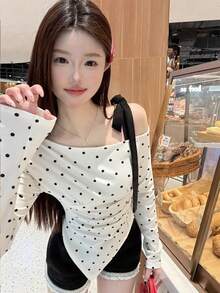 不对称肩部波点长袖休闲上衣 - 白色 - 查看 1