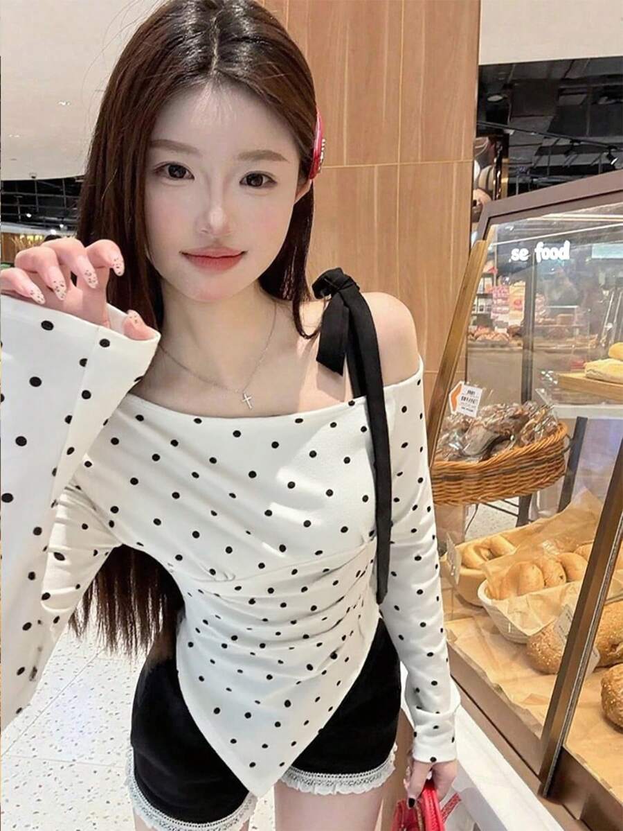 不对称肩部波点长袖休闲上衣 - 白色 - 查看 1