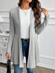 Women's Solid Color Textured Casual Long Sleeve CardiganWomen's Casual Solid Color Ribbed Knit Jacket - 灰色 - 查看 5