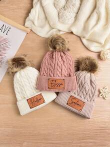 Personalized Pom Pom Hat (Customizable Name), Engraved Pom Pom Hat, Customized Knit Hat, Winter Hat, Newborn Gift, Leather Name Tag Pom Pom Hat - Multicolor - View 6