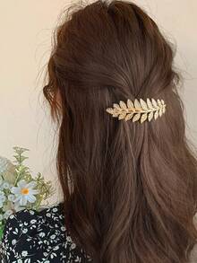 1个金属叶子形状发夹，女士时尚金色/银色弹簧夹发卡，波西米亚风发饰，学生用品