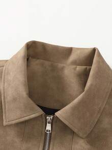 1 Piece Men's Vintage Worn Full Zipper Lapel Leather Long Sleeve Jacket, Spring Autumn Men's Motorcycle Style Casual PU Leather Coat. - Coffee Brown - View 6