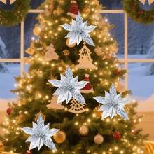 Flores de Nochebuena brillantes, flores artificiales navideñas con tallos para árbol, jarrón, centros de mesa, decoración navideña para fiestas y hogar - Plateado - Ver 6