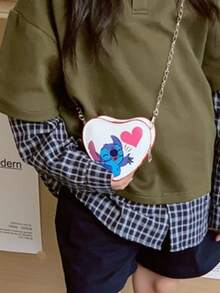 Stitch Individual Print Heart Shaped Pouch, Multiple Adorable Cartoon Designs Available, High-Quality PU Material, Lightweight Zipper Closure, Metal Chain Strap, Anime Fan Collectible Peripheral, Adds Vibrancy & Romance To Daily Outfits, .
