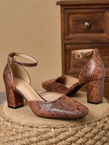 WHDXY 1 Pair Women's Square Toe Basic Solid Buckle Closure High Heel Pumps, Sexy 7CM Chunky Heel Office Lady/Flight Attendant Dress Shoes - 鏽棕色 - 查看 4