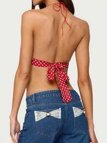 Women Y2K Cami Tank Top Polka Dot Sleeveless V Neck Halter Crop Top Spaghetti Strap Camisole Top Summer Coquette Open Back Tie Up Cami Top Going Out Tops - Đỏ - Xem 3