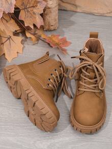 1 Paar braune einfarbige weiche PU-Leder Stiefel für Teenager & Kinder, seitliches Elastikpanel, Schnürung vorne, runde Zehenkappe, warme dicke Sohle, klassischer Chelsea-Stil, geeignet für 3-12 Jahre alte Jungen & Mädchen, Lässig, Schule, Urlaub, Herbst/Winter