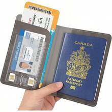 RSAquar Porta Pasaporte para Mujeres y Hombres, Cartera de Pasaporte de Viaje de Cuero PU Premium con Bloqueo RFID Funda para Pasaporte Organizador de Documentos de Viaje, Azul Oscuro Patrón - Gris Claro - Ver 7