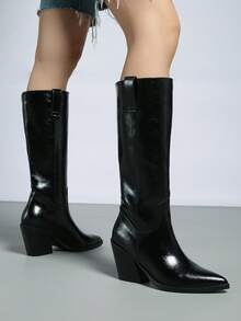 2025 Autumn/Winter New Black Pointed Toe High Heel Over-The-Knee Boots, Thick Heel Western Style Boots For Women,Party - Black - View 4