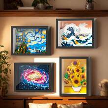 1000+件带画框像素艺术积木绘画套装，梵高《星夜》、《神奈川冲浪里》、《向日葵》等，像素艺术绘画积木玩具套装，创意DIY墙面装饰，艺术挂画，创意礼物