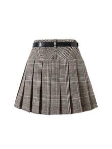 女士时尚格子高腰百褶迷你裙，优雅宽松迷人 - 棕色 - 查看 2