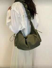 1pc Nylon Fabric Multi-Pocket Dumpling Crossbody Bag, Women Casual Pleated Drawstring Shoulder Bag, Slouchy Bohemian Hobo Bag - 軍綠色 - 查看 3