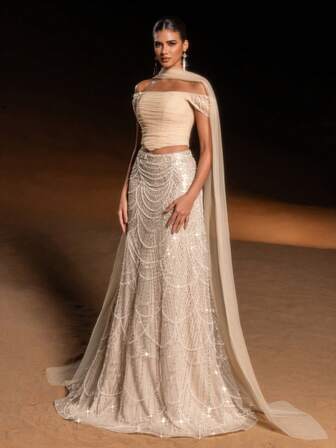 Faeriesty Haute Glamour Elegant Two Pieces Beaded Evening Gown Set With Off-Shoulder – Ruched Fabric Bodice, Intricate Fish-Scale Beadwork Skirt & Sheer Light-Capedlet Draping For Formal Weddings, High-End Galas, Upscale Proms & Red-Carpet Events