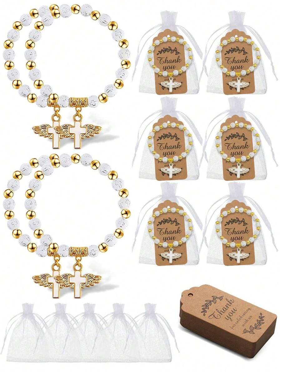 Set cadou brățară rozariu cu cruce și aripi de înger, 72 buc/24 seturi - Include brățară, pungă cadou și etichetă de mulțumire, pandantiv cruce cu brățară rozariu cu mărgele acrilice cu aripi de înger pentru femei și bărbați, botez, comuniune, nuntă, petrecere, Crăciun, cadou mic, en-gros (36/72 buc)