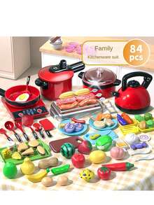 23 piezas/52 piezas/84 piezas Juego de cocina de juguete de chef pequeño con utensilios de cocina, ollas, cortadores y alimentos de juguete de madera en color rosa/rojo/verde para niñas, juguetes de cocina, juguetes para niños