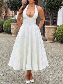 Women Jacquard Halter Dress Elegant Low Cut Sleeveless Open Back A-Line Long Dress For Evening Party Club - trắng - Xem 5