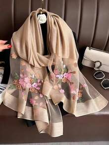 1 件仿丝刺绣海棠花围巾，时尚百搭，适合秋冬 - 卡其色 - 查看 4