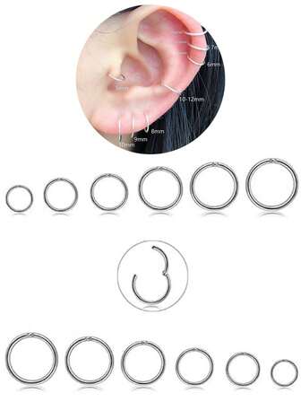 1Pc 6-16mm Stainless Steel Cartilage Hoop Earrings Hypoallergenic Nose Ring Helix Lobes Hinged Sleeper Earrings Piercing For Women Jewelry