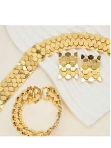 18K Gold Plated 4pcs Vintage Multilayer Gold Necklace, Earrings, Bracelet Jewelry Set, Fashionable & Versatile For Women