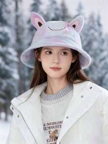 1pc Women's Tie-Dye Fluffy Rainbow Smiling Face Cute Bucket Hat, Korean Style 3D Ear Design Sweet Plush Cap, Warm Thermal Lining Casual Hat For Autumn/Winter