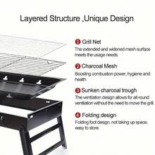 17" Folding Portable BBQ Charcoal Grill - Compact Tabletop Mini Smoker - Small Outdoor Grill For Travel Backyard Picnic Beach - Black - View 4