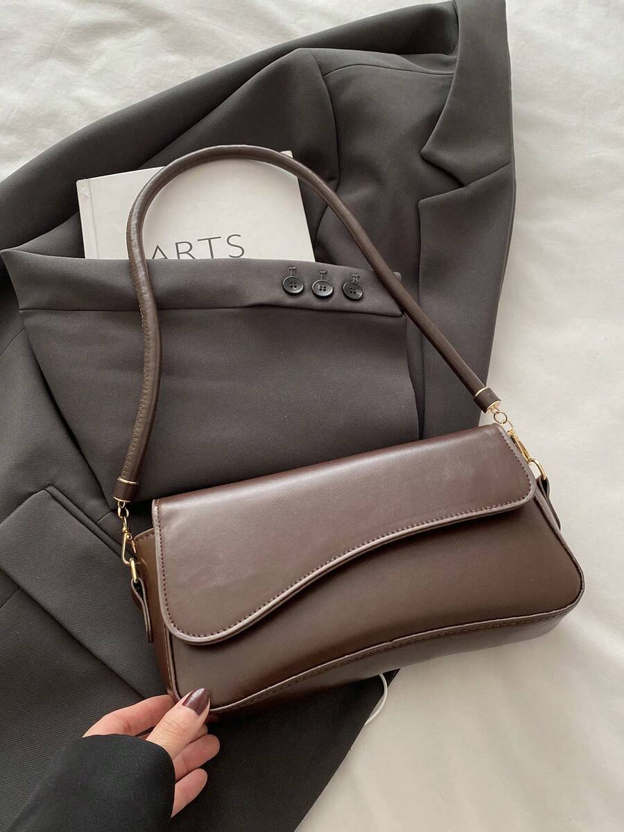 Fashionable Solid Color Asymmetrical Flap Vintage Minimalist Elegant Shoulder Bag - Brown - View 1