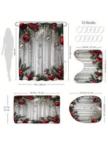 1/4 Pcs Christmas Shower Curtain Set With Holiday Red, Green And White Design - Includes Waterproof Shower Curtain With 12 Hooks, Non-Slip Bath Mat, U-Shaped Toilet Lid Cover And Rug - Perfect For Holiday Bathroom Decor, Multiple Sizes Available